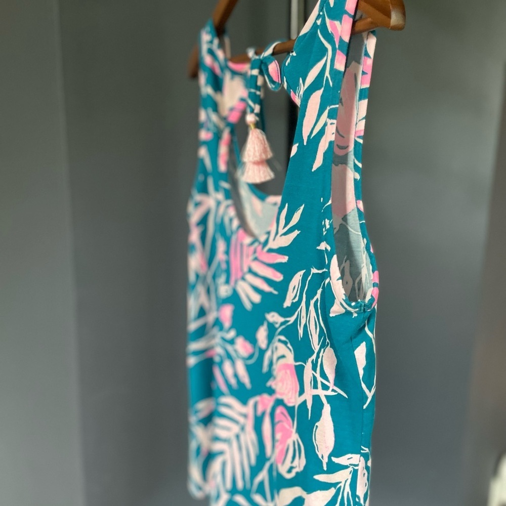 Lilly Pulitzer Teal & Pink Sleeveless Scoopneck Tropical Floral Tank, Tassel Tie - Picture 8 of 10